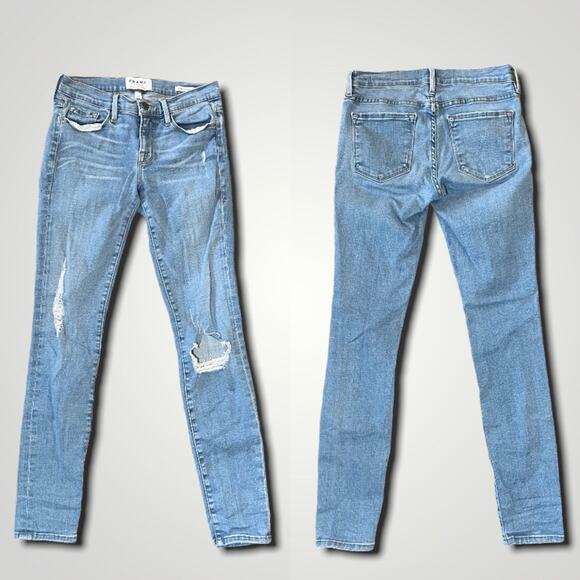 FRAME LE SKINNY DE JEANNE LIGHT WASH BOHO WESTERN DISTRESSED DENIM BLUE JEANS 26 - Picture 7 of 10